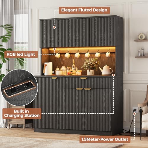 Fluted Kitchen Pantry Storage Cabinet with Charging Station & LED Lights