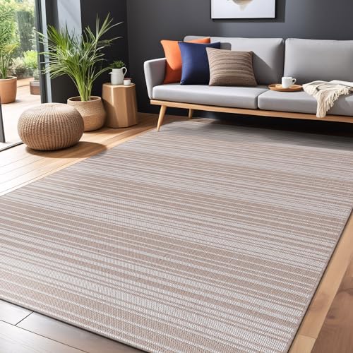 Stripe Outdoor Rug 9x12 Washable Outside Carpet for Indoor Patio Porch Waterproof Easy Cleaning Non Shedding Area Rugs Beige 9 x 12 (108 Sq Ft)