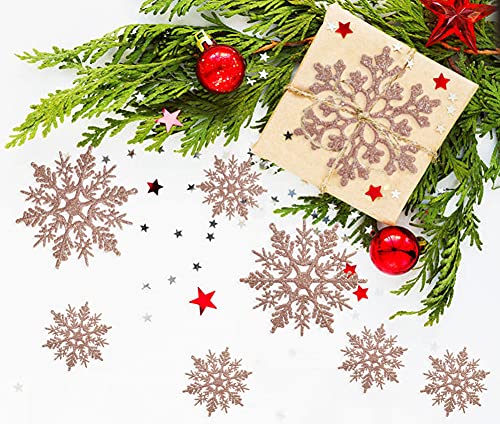 36pcs Christmas Rose Gold Snowflake Ornaments Plastic Glitter Snow Flakes Ornaments for Winter Christmas Tree Decorations Size Varies Craft Snowflakes (36 Count)