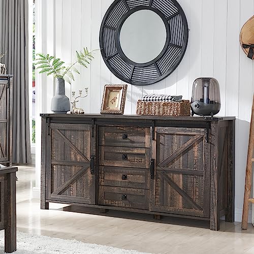 60 Inch Farmhouse Dresser with 4 Drawers and Sliding Barn Doors