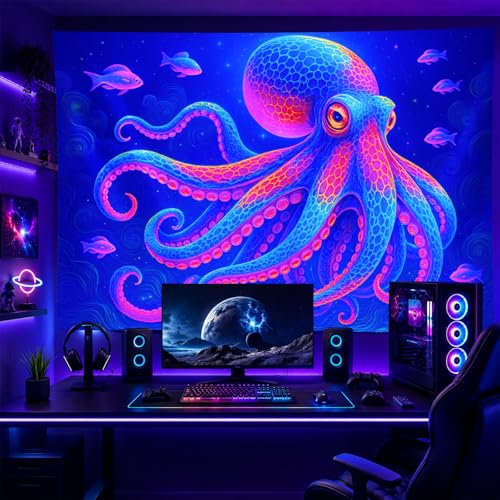 Blacklight Tapestry Octopus Ocean Glow Backdrop 78 x 59 Inch