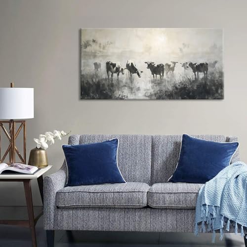 Black and White Cow Wall Art for Living Room Ink Wash Canvas Painting Prints Morning Cattle Vintage Country Farmhouse Artwork Bedroom Office Decor