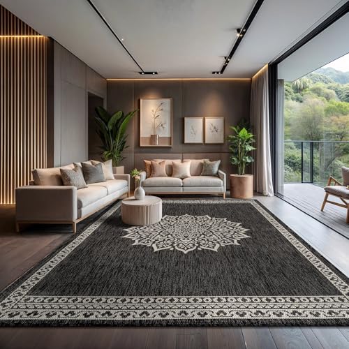 Outdoor Rug 10x14 Medallion Darkgray Modern Large Area Rugs for Indoor and Outdoor Patios Kitchen and Hallway Mats Washable Porch Deck Outside Carpet (140 Sq Ft)
