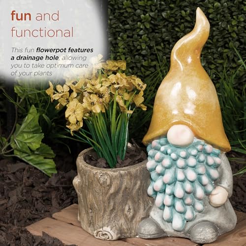 16" Tall Outdoor Yellow Hat Gnome Statue with Drainage Hole Planter