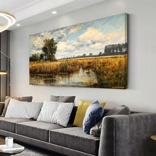 Beautiful Wilderness Meadow Canvas Wall Art Oil Painting Reproduction Print Vintage Wildflower Field Scenery Countryside Landscape Tree Rustic Retro Decor Artwork Country Farmhouse Living Room 58x28 Inches