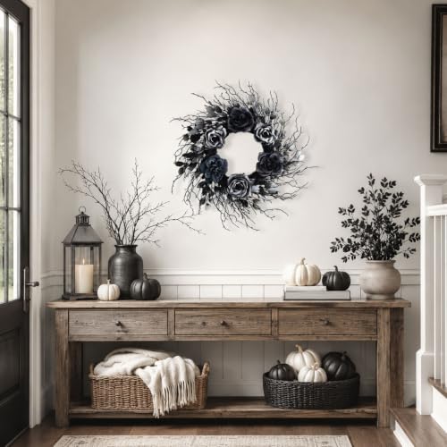 22 Inch Black and Silver Halloween Wreath with 40 Orange LEDs