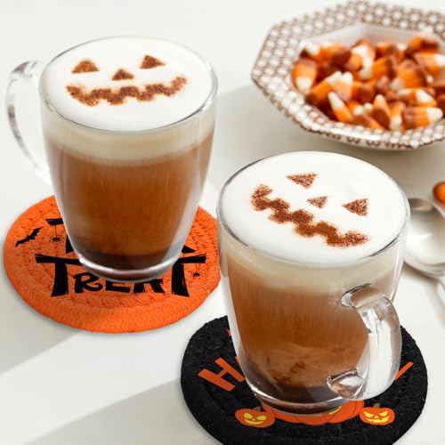 Happy Halloween Cotton Coasters Black Orange Pumpkin Face Handmade Braided Drink Coasters Trick or Treat Absorbent Cup Mats for Party Home Table Decor (4 Count)