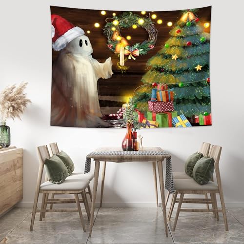 Christmas Tapestry Wall Hanging Christmas Tree Backdrop Cute Ghost Wall Decor Xmas Holiday Tapestries for Kids Bedroom Living Room Dorm Party Decoration