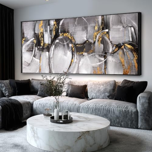 Abstract Canvas Wall Art Grey and Gold Wall Decor Line Print Pictures 32"x70" Bedroom Large Artwork Over Bed Office Posters
