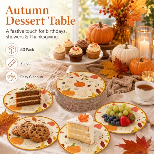 Fall Paper Plates 50 Pack Thanksgiving Day Party Dessert Plates (50 Count)
