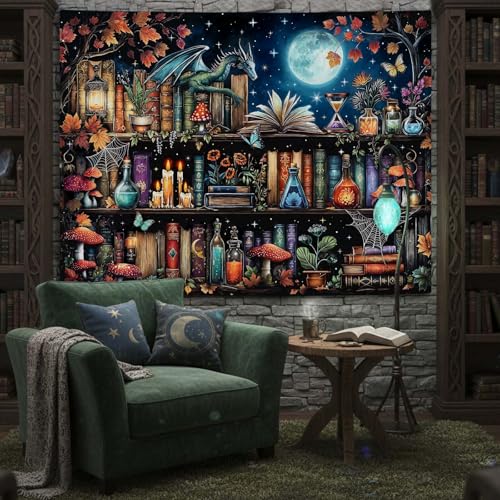 Dragon Bookshelf Tapestry Witchy Mushroom Bookshelf Tapestries Wall Hanging Gothic Medieval Fantasy Moon Dark Academia Book Large Tapestry for Bedroom Living Room Dorm 80 x 60 inch