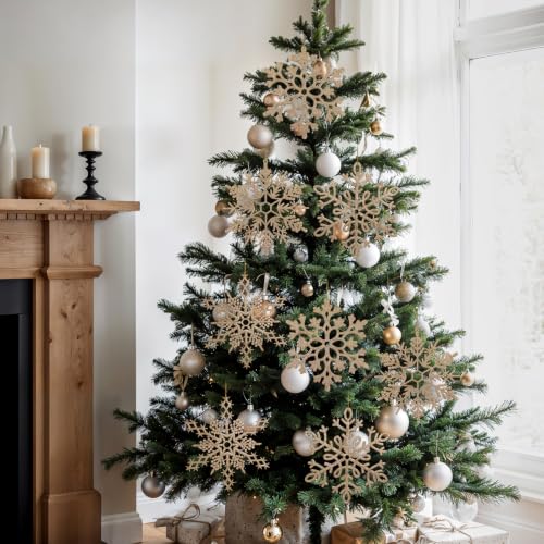 12pcs Large Champagne Gold Snowflakes Ornaments 12” Big Plastic Glitter Snowflake for Winter Indoor Outdoor Christmas Tree Window Room Decorations Giant Craft Snowflakes (12 Count)