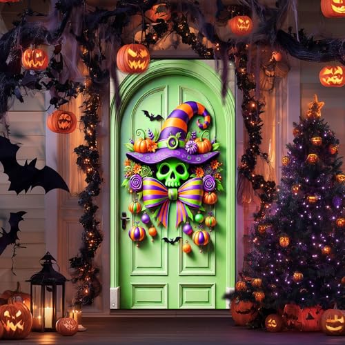 Halloween Door Cover Skull Witch Bow 35x71 Inch Polyester