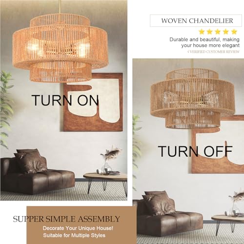 4 Light Hand Woven Rattan Pendant Light 3