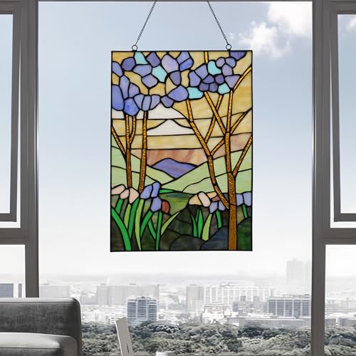 Stained Glass Window Hanging 16" H x 11" W Tiffany Style Rectangular Window Panel Suitable for Living Room Bedroom Kitchen Window Decoration Hangings with Chain