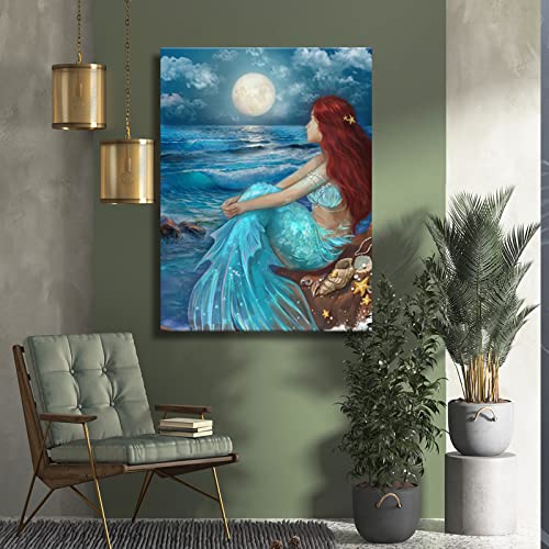 Aesthetic Wall Art for Living Room Bedroom Wall Decor Blue Canvas Prints Moon Night Artwork 24"x 36" Girls Room Decor