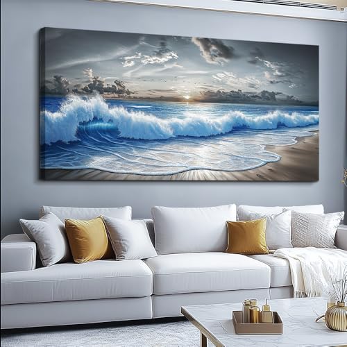 Large Canvas Wall Art Blue Ocean Wave Landscape Painting 30"X60"