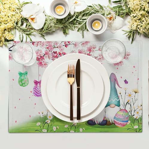 Easter Gnomes Bunny Placemats Set of 4 Easter Eggs Flowers Place Mat 12x18 Inch Seasonal Spring Farmhouse Washable Linen Table Mats for Party Kitchen Dining Outdoor Indoor Decor
