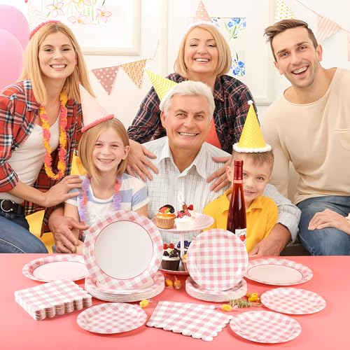 175 Pcs Pink Gingham Paper Plates and Napkins with Cups (175 Count)