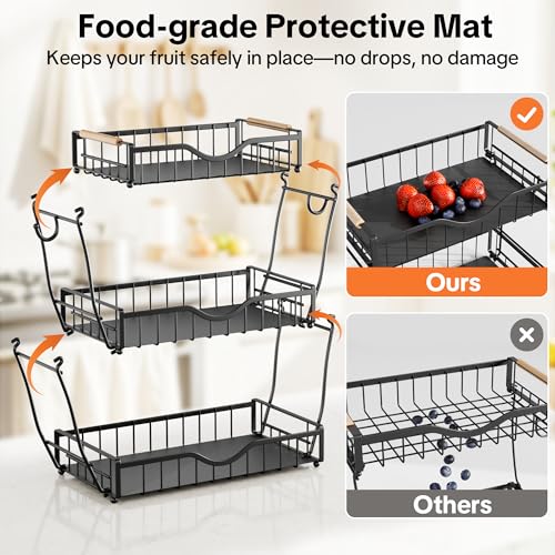 3 Tier Fruit Basket for Kitchen Countertop with 2 Banana Hangers