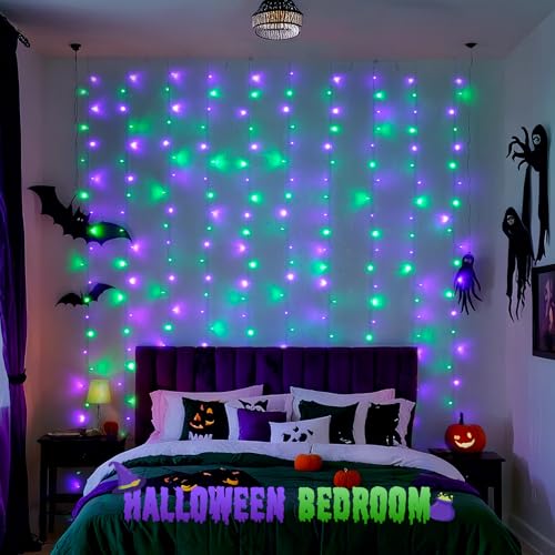 300LED Purple & Green Curtain Lights for Halloween Decor (9.8 Foot)