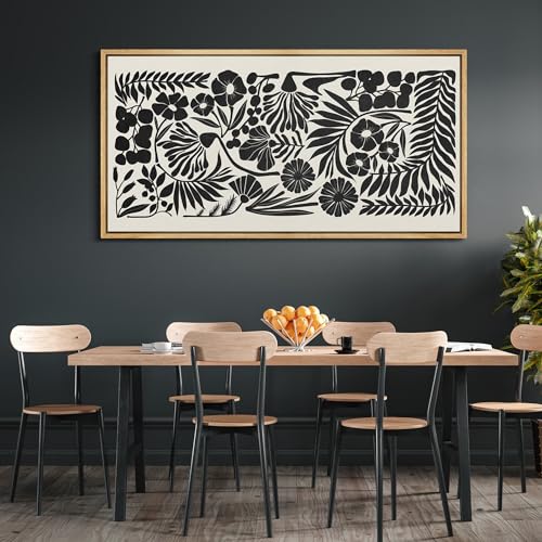 Extra Large Framed Canvas Print Wall Art Monochrome Botanicals Black and White Floral Illustrations Antique Retro Fine Art Illustrations Decorative Colorful for Bedroom
