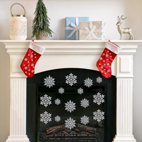 Glitter Christmas Silver Plastic Snowflake Ornaments for Winter Holiday (60 Count)