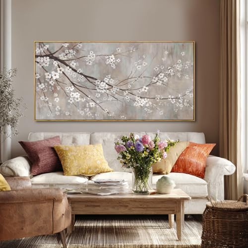 Flowers Wall Art Grey Pictures Wall Painting Large Framed Canvas Art Landscape Artwork for Dining Room Home 29"x 58" Ready to Hang