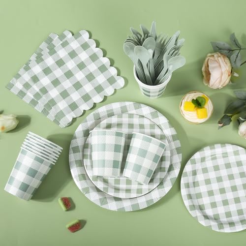 175 Pcs Sage Green Gingham Paper Plates and Napkins Cups (175 Count)