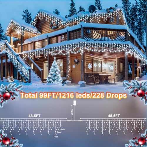 99FT 1216 LED Christmas Lights Outdoor Decorations 8 Modes White Curtain String Light with 228 Drops (99 Foot)