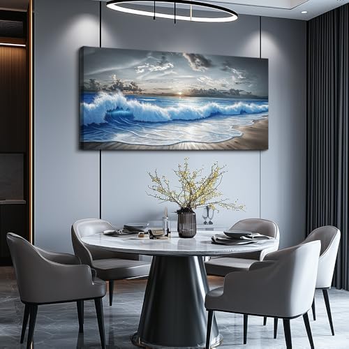 Wall Decor For Living Room Blue Ocean Wave Painting 20"X40"