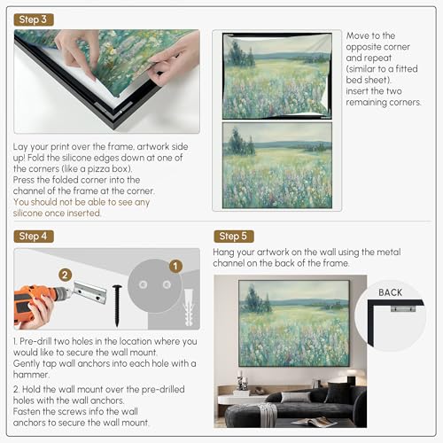 46"x60" Extra Large Framed Wall Art Wildflower Meadow Landscape Soft Pastel Nature Illustration for Home Living Room Bedroom Decor