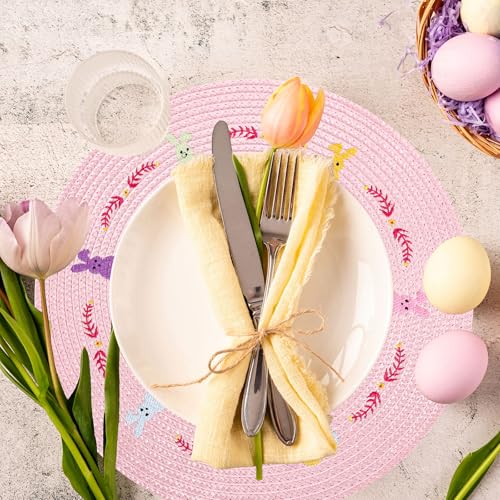 4Pcs Easter Bunny Round Placemats Pink Rabbit Embroidered Place Mats Spring Cute Kitchen Table Mats for Home Wedding Baby Shower Birthday Dinner Party Decor (4 Count)