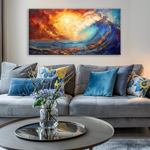 Abstract Ocean Wall Art for Living Room Beautiful Blue Sea Wave Seawater Colorful Sky Landscape Wall Art Decor Artwork Bedroom Office