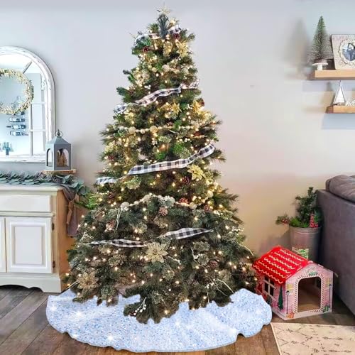 Sequin Christmas Tree Skirt Iridescent White Sparkle Tree Skirt 46 Inch Velvet Xmas Tree Mat Thick Bling Tree Skirt Christmas Decoration Shimmer Tree Cover Skirt for Merry Christmas Party