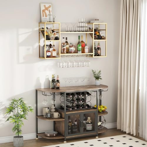 Wall Mounted Wine Rack with Glass Holder for Home Bar Storage