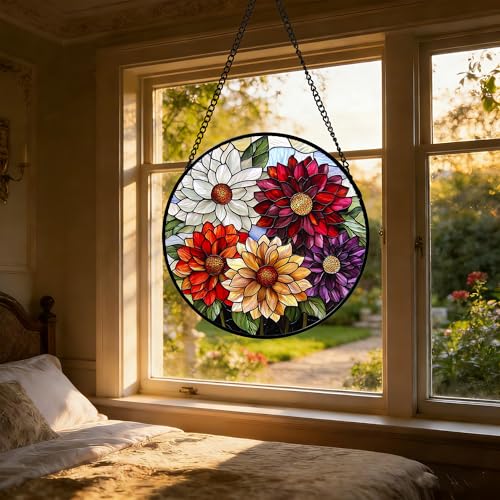 Stained Glass Window Hanging Color Dahlia Suncatcher Gifts for Women 15"