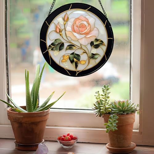 Pink Rose Stained Glass Window Hanging Suncatcher Gifts for Women 7.8"