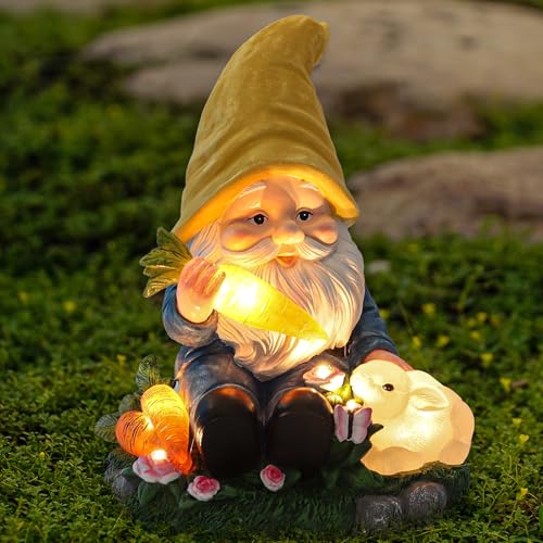 Solar Garden Outdoor Statues Gnome Feeding Rabbit with 6 LED Lawn Decor Outside Decorations for Patio