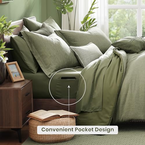 Queen Comforter Set Sage Green 7 Pieces Cationic Dyeing Bed in a Bag