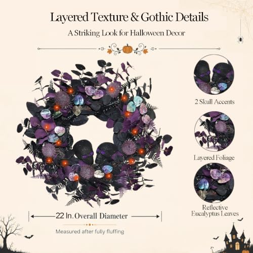 22" Lighted Halloween Wreath with 40 LEDs and Iridescent Eucalyptus