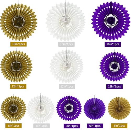 Honeycomb Round Paper Fans Purple Gold Hanging Party Decoration (11 Count)