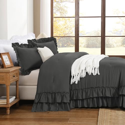 Dark Grey Ruffle Super King Comforter Set
