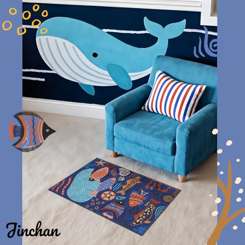 2x3 Coastal Area Rug Washable Kids Rug Colorful Ocean Fish Mat Blue (6 Sq Ft)