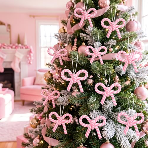 16 Pcs Pink White Bow Candy Cane Hanging Ornaments Christmas Tree Decor (16 Count)