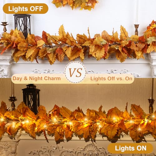 2PC Realistic Fall Garland for Mantle 6FT Fall Leaves Garland With Lights (2 Count)