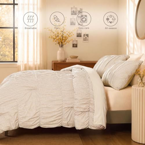 Tan Gingham Twin XL Comforter Set