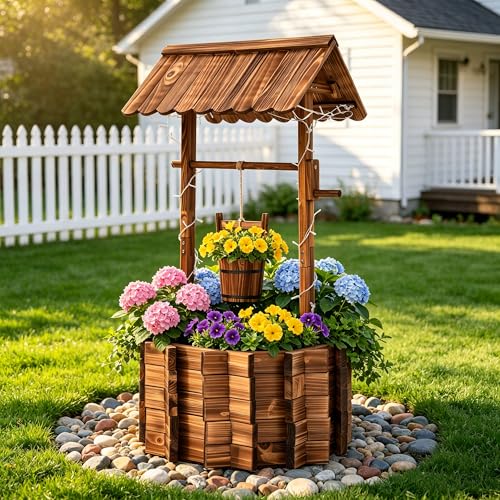 54" Outdoor Wooden Wishing Well Planter with Colorful LED Lights