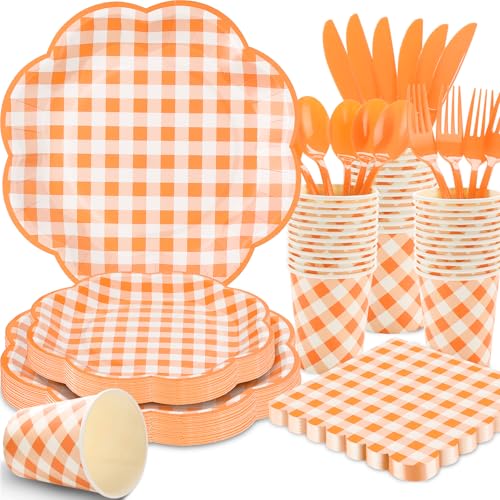 175 Pcs Orange Gingham Plates and Napkins Party Supplies (25 Count)
