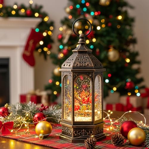 Christmas Snow Globe Lantern Water Glittering 10.5'' Cardinal with Music& Timer